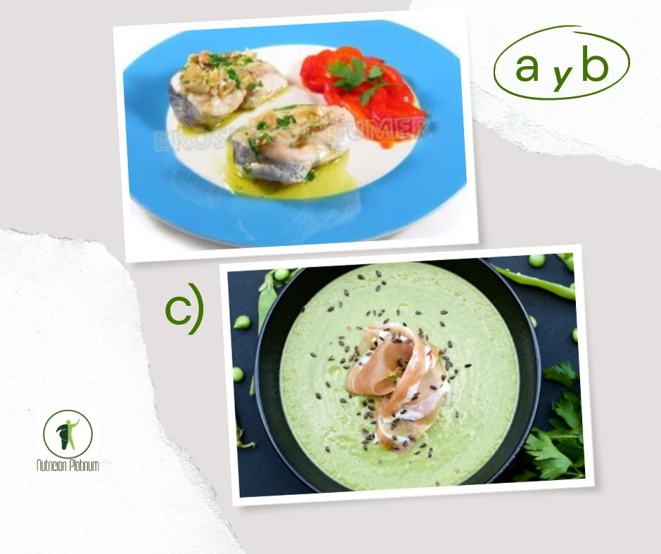 Merluza a la bilbaína con pimientos rojos con crema de guisantes.